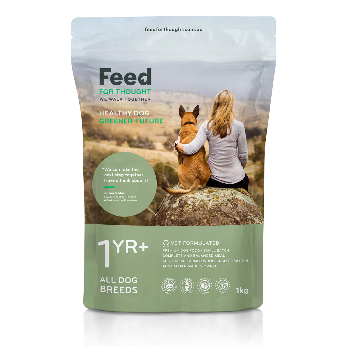 Feed for Thought All Breeds 1 Year+ insect protein dry dog food, 1kg bag – front of pack