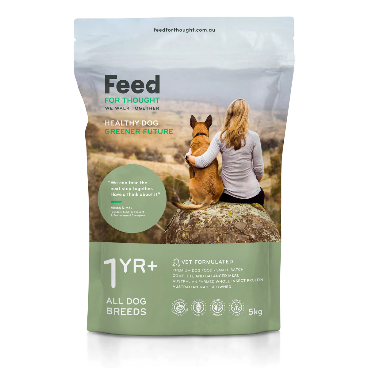 Feed for Thought All Breeds 1 Year+ insect protein dry dog food, 5kg bag – front of pack