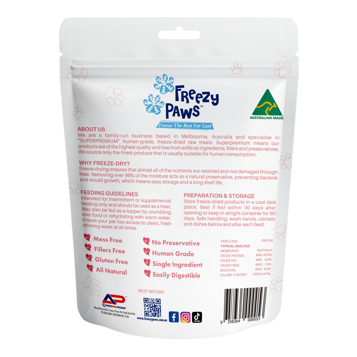 Freezy Paws Freeze Dried Beef Heart 100g – back of pack with ingredients and guaranteed analysis