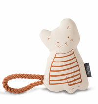 Fringe Studio Miss Kitty canvas dog toy, cream cat shape with orange stripes and a rope loop.