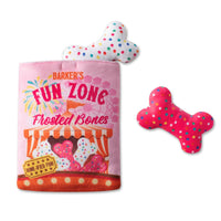 Fringe Studio Fun Zone Bones burrow dog toy: pink Frosted Bones tub with a plush bone mini toy.