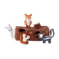 Fringe Studio Branch Out burrow dog toy, plush log with woodland mini animals in its holes.