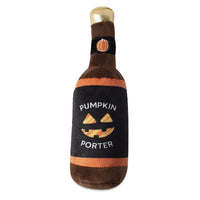 Fringe Studio Pumpkin Porter plush dog toy, brown beer bottle with a jack-o'-lantern label.