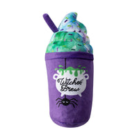 Fringe Studio Witches Brew plush dog toy, purple blended drink cup with a spider and green swirl.