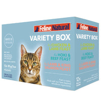 Feline Natural Variety Box wet cat food pouches — 85g x 12 pouches across Chicken & Lamb, Hoki & Beef and Lamb & King Salmon