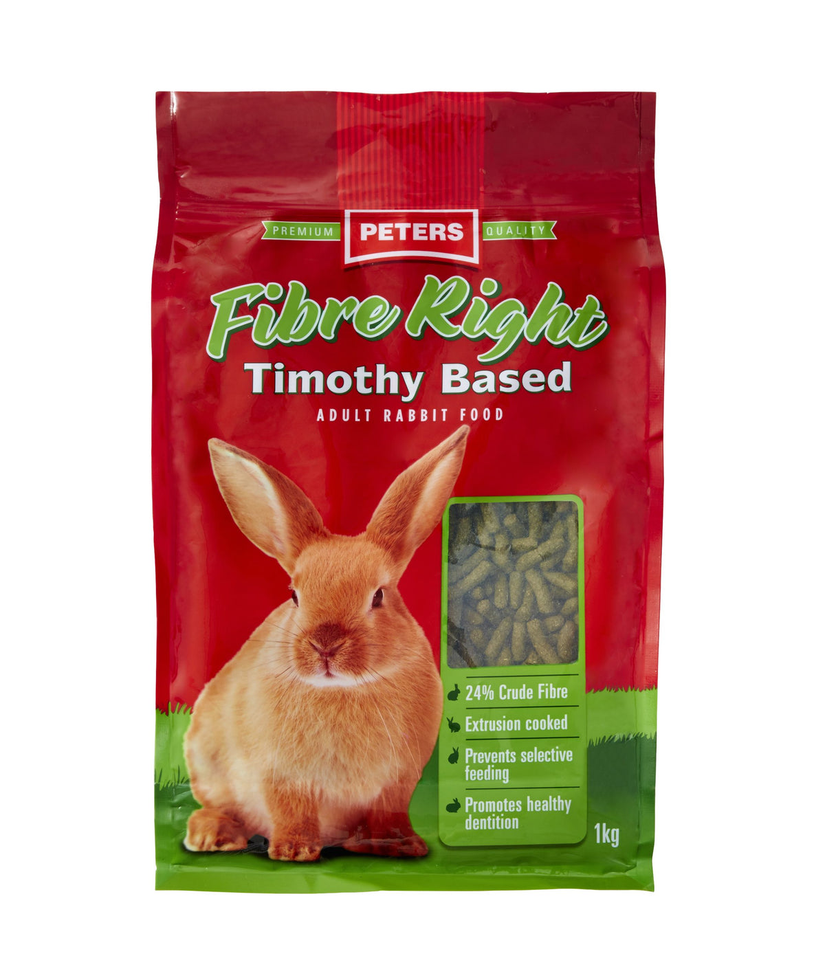 Peters Fibre Right Adult Rabbit 1kg pack front — extruded Timothy hay based rabbit food
