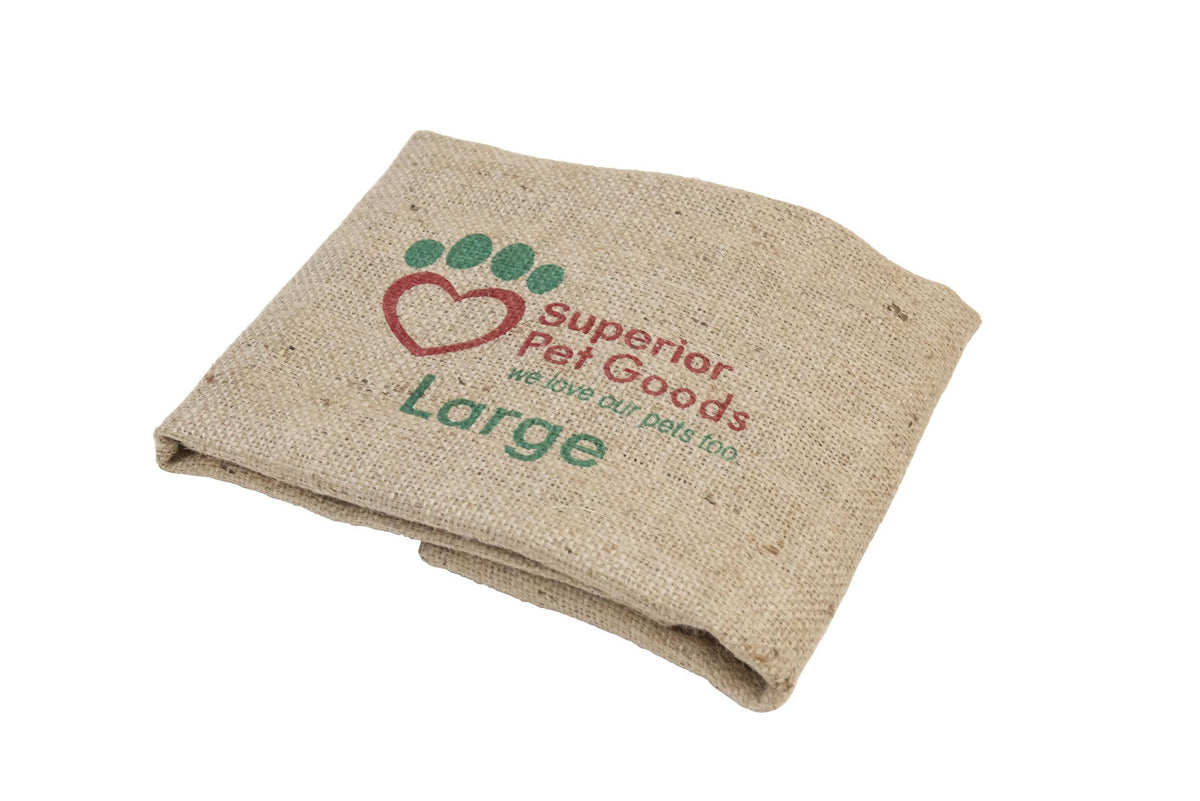 Superior Pet Goods Fitted Hessian Dog Bed Cover in Large, folded and branded