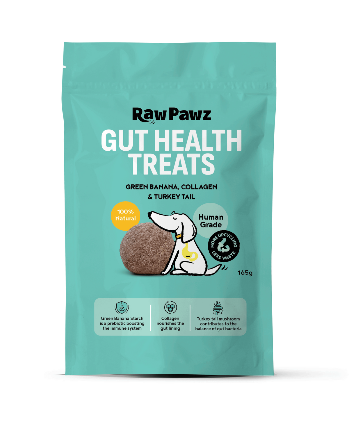 Raw Pawz Gut Health Dog Treats 165g pack, front of pack