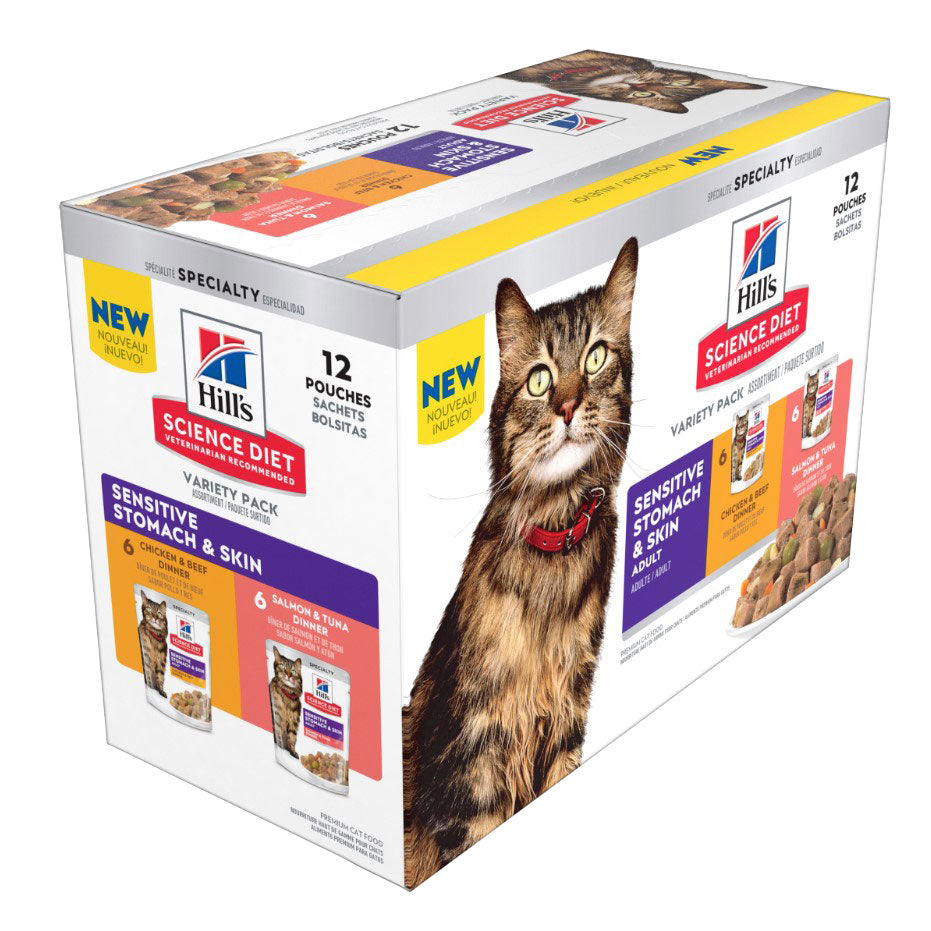 Hill's Science Diet Cat Food in Pouches Adult Sensitive Stomach & Skin Variety Pack - 79.37g x 12 | PeekAPaw Pet Supplies
