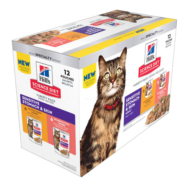 Hill's Science Diet Cat Food in Pouches Adult Sensitive Stomach & Skin Variety Pack - 79.37g x 12 | PeekAPaw Pet Supplies