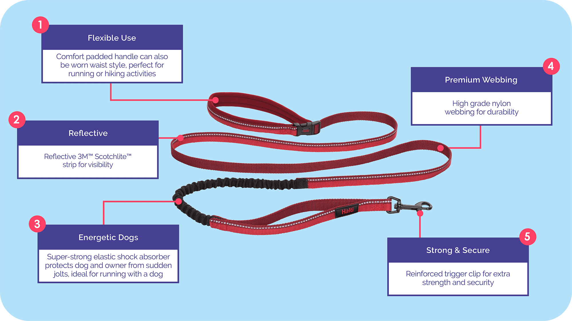 Halti Active Lead features – bungee shock absorber, neoprene belt and close control handle | PeekAPaw