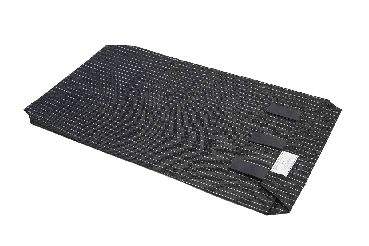 Superior Pet Goods Pinstripe Dog Bed Cover laid flat with the leg straps and product label
