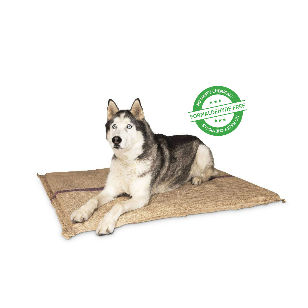 A husky lying on a Superior Pet Goods Hessian Dog Mat, formaldehyde-free badge