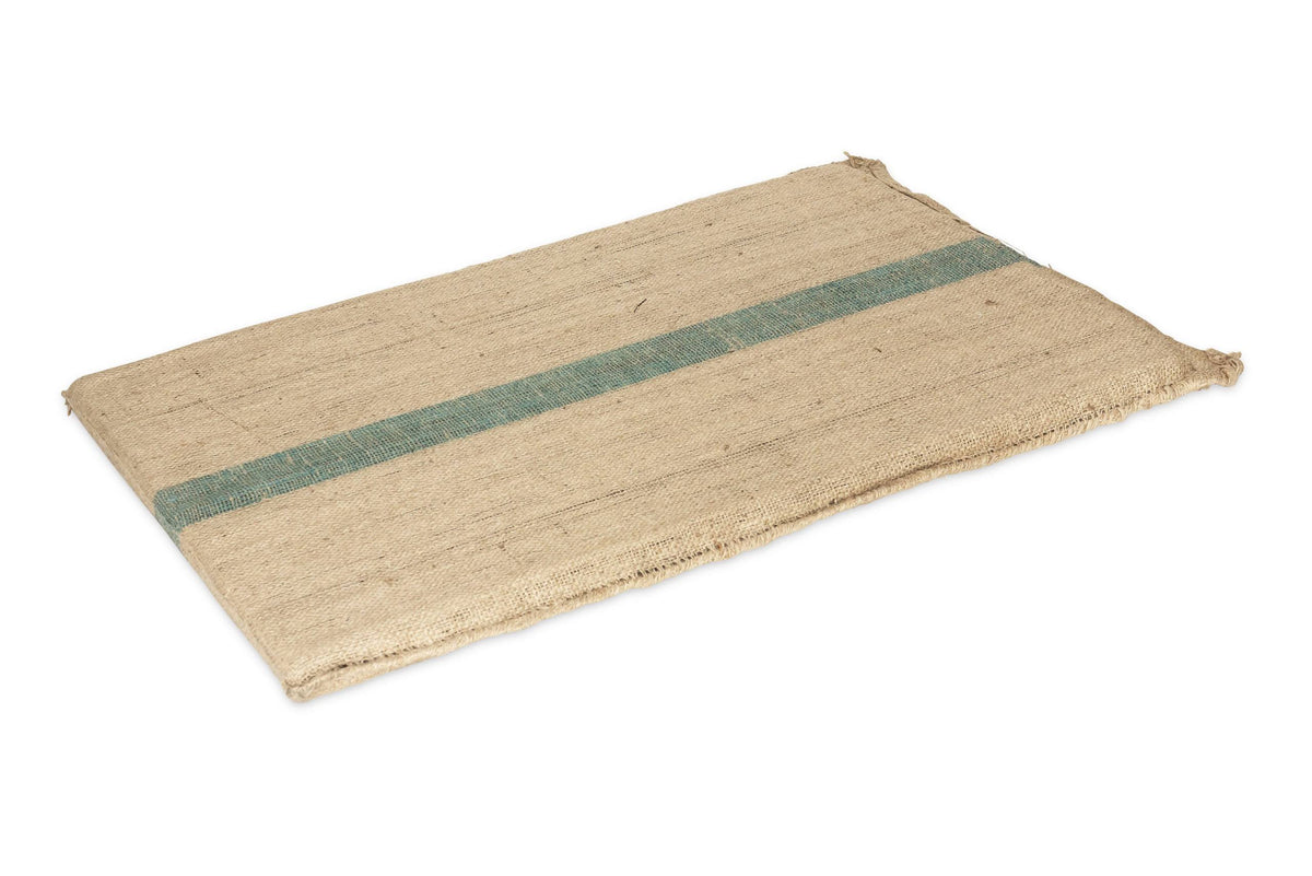 Superior Pet Goods Hessian Dog Mat viewed from above, jute cover with a green stripe