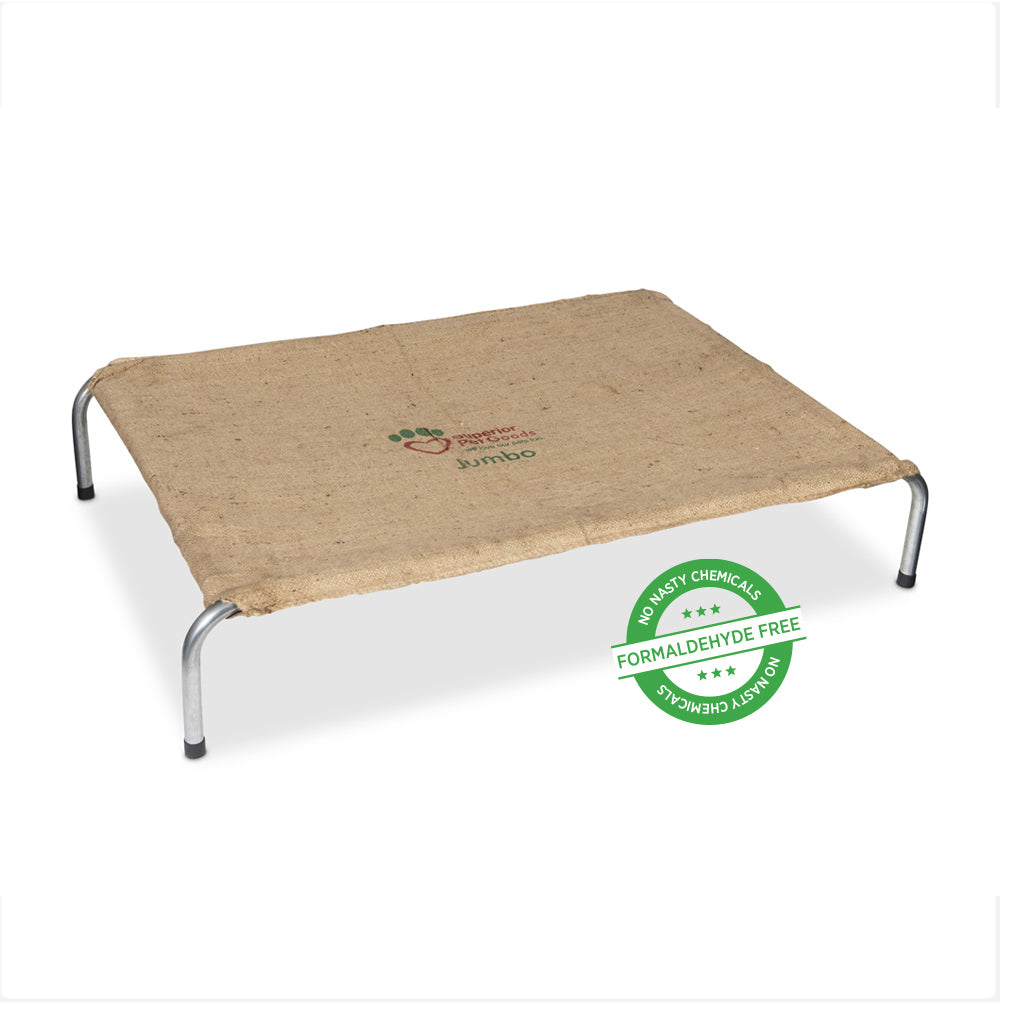 Superior Pet Goods hessian raised dog bed with a formaldehyde-free badge