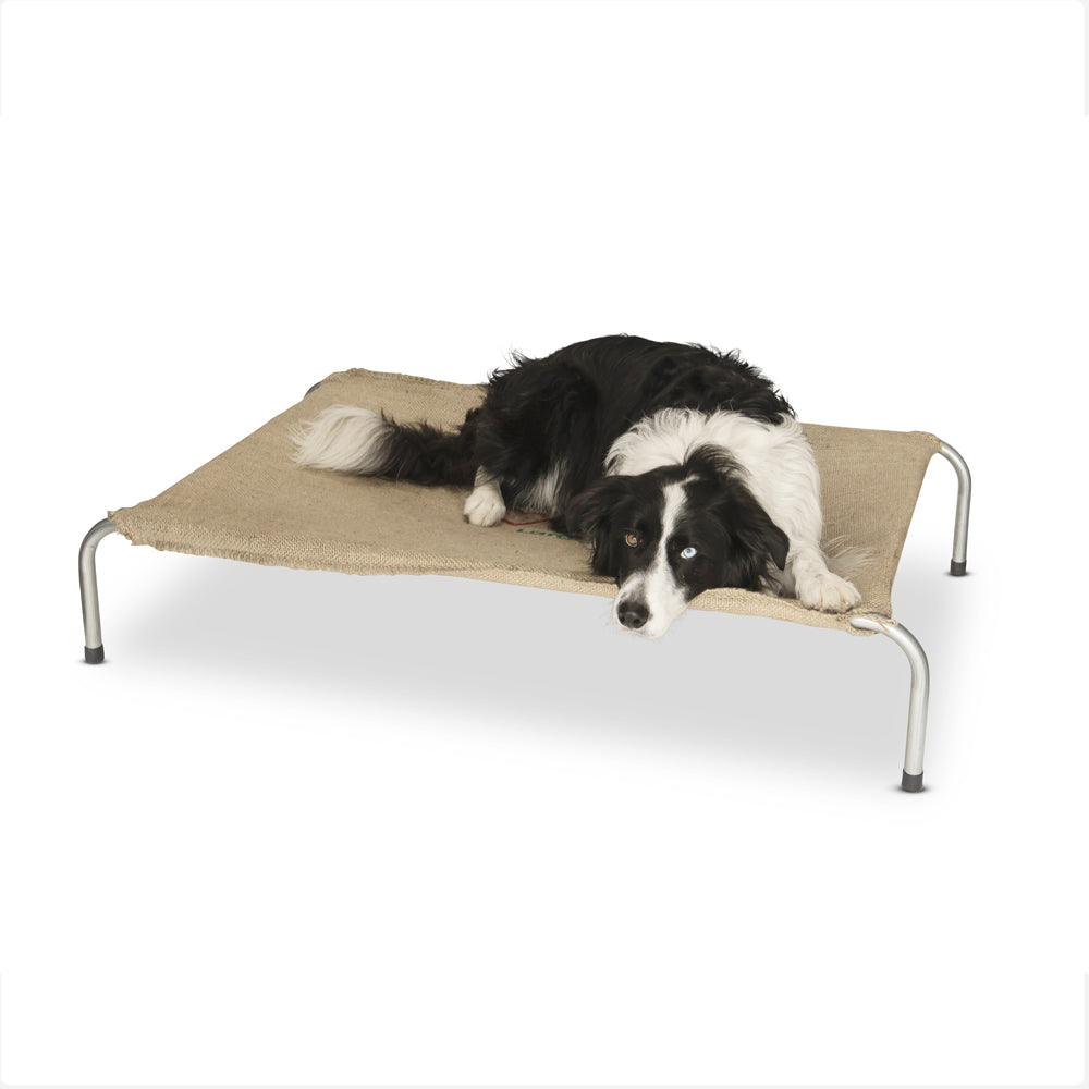 Superior Pet Goods hessian raised dog bed, angled view
