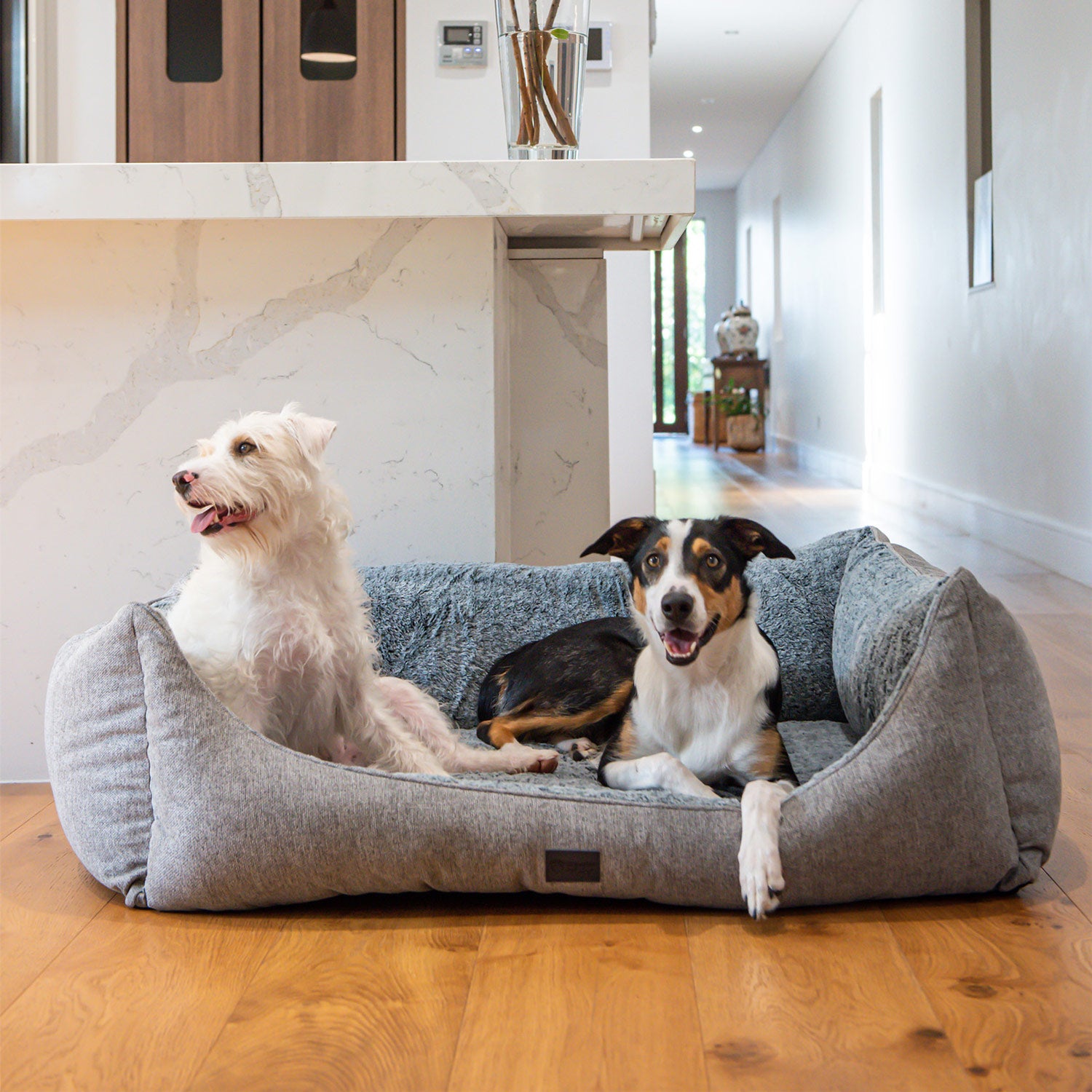 Dog nestled into a Superior Pet Goods High Side Hideout Ortho Dog Bed