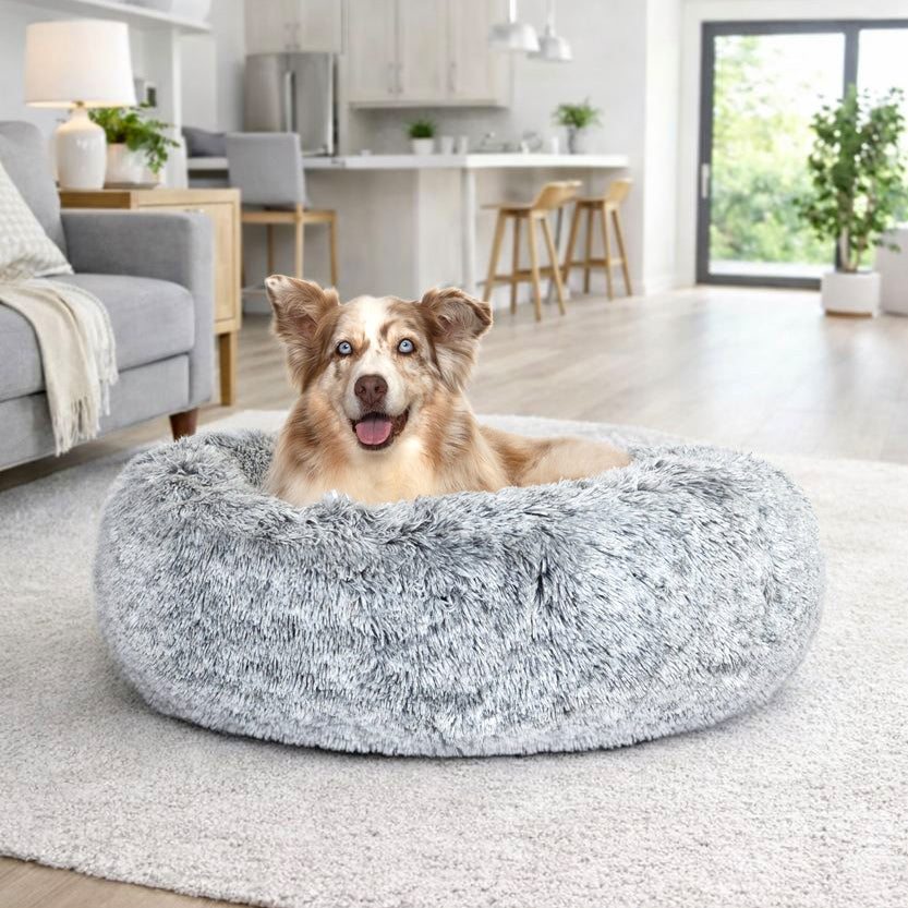 Superior Pet Goods Hugzzz Ortho Curl Up Cloud Calming Dog Bed in Dove Grey, side view