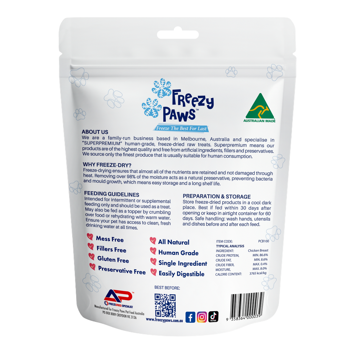 Freezy Paws Freeze Dried Chicken Breast 100g – back of pack with ingredients and guaranteed analysis
