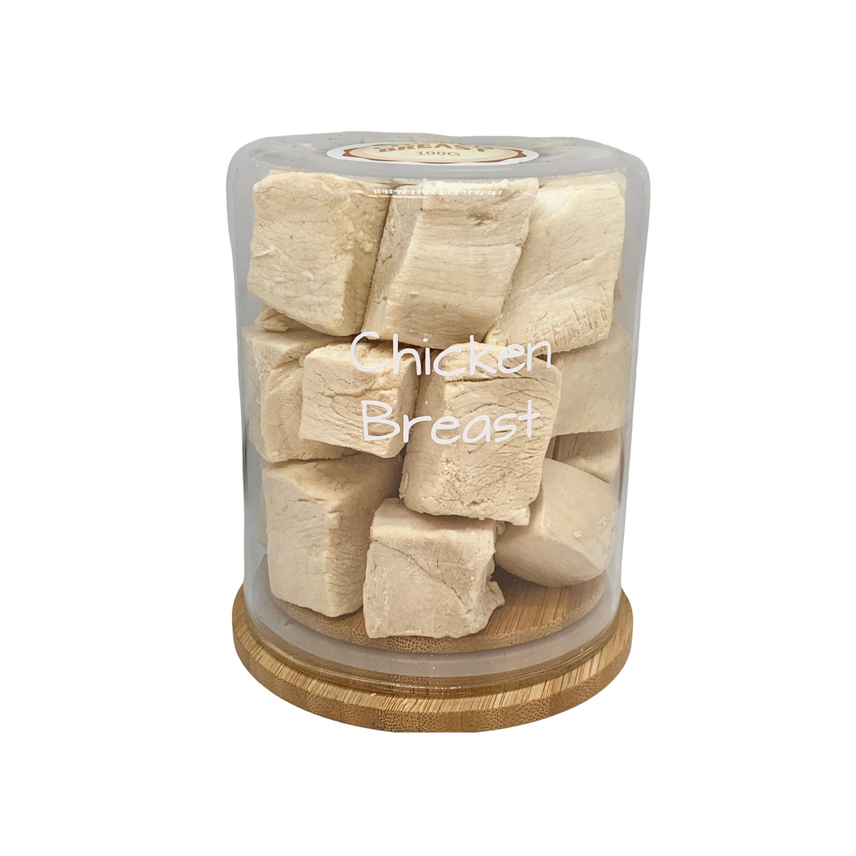 Freezy Paws Freeze Dried Chicken Breast – freeze-dried chicken breast cubes in a glass jar