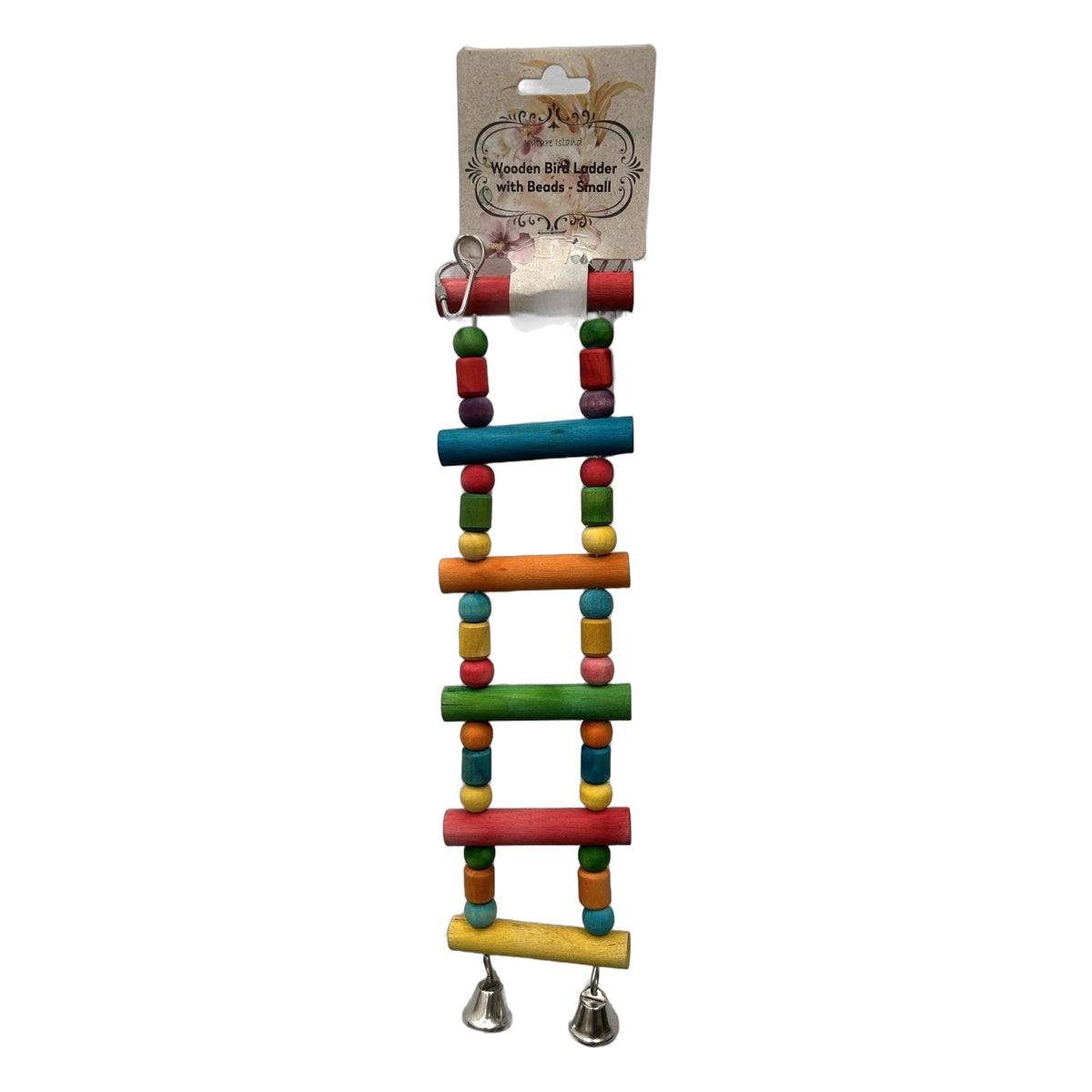 Nature Island Wooden Bird Ladder With Beads Small - stainless quick link and stainless steel bells 01
