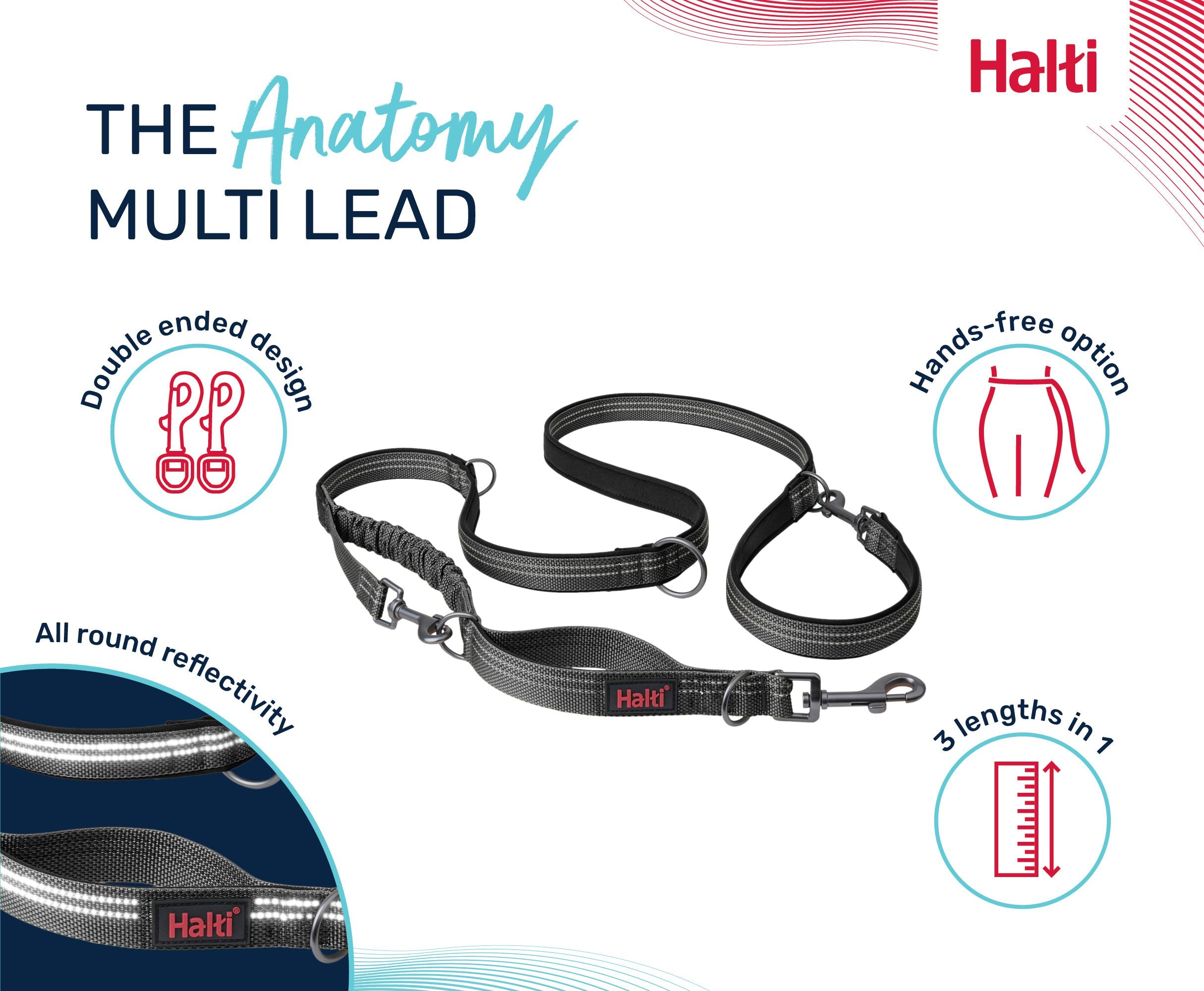 Halti Anatomy Multi Lead features – adjustable length, dual clips and padded grip | PeekAPaw