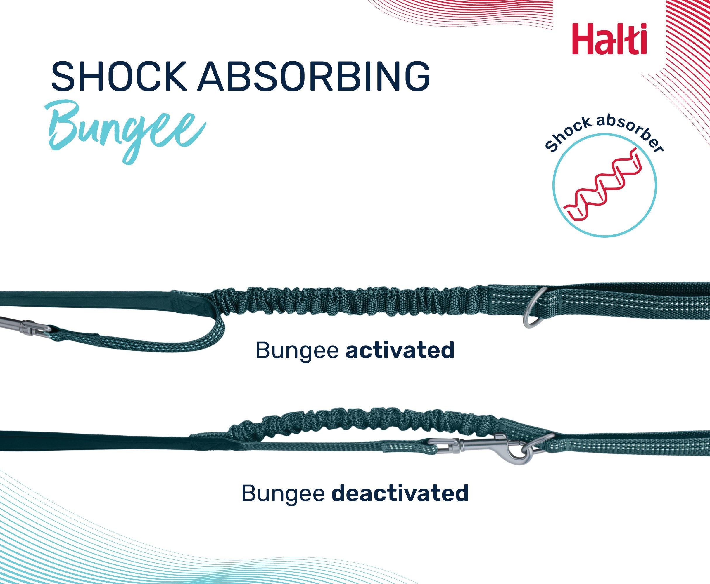 Halti Anatomy Multi Lead – shock absorbing bungee shown activated and deactivated | PeekAPaw