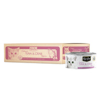 Kit Cat Toppers deboned Tuna & Crab canned cat food, single 80g can with a purple label