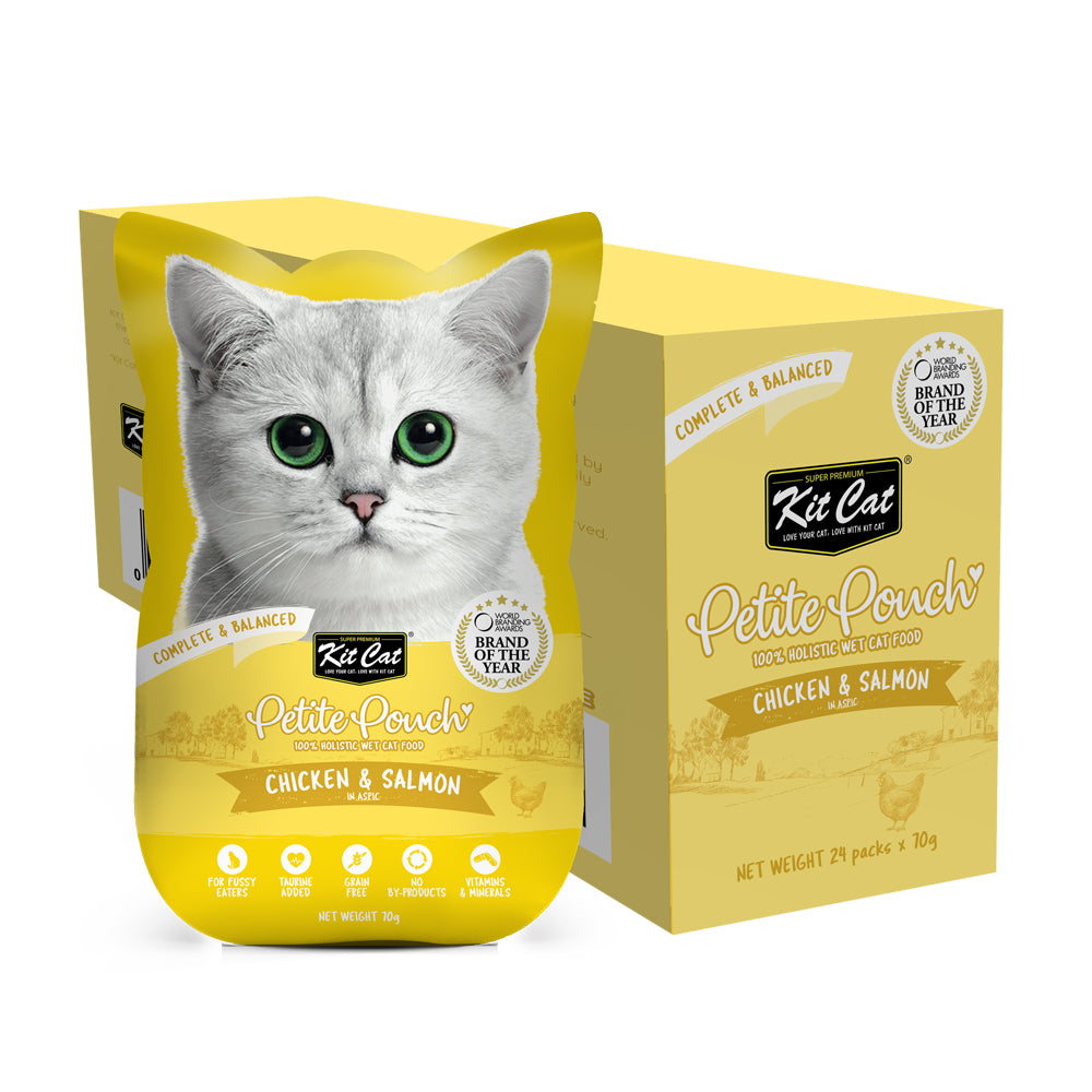 Kit Cat Petite Pouch Chicken & Salmon 70g display box of 24 pouches