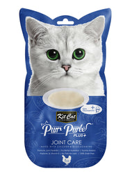 Kit Cat Purr Puree Plus+ Joint Care with chicken and glucosamine, front of the navy 4-tube sleeve