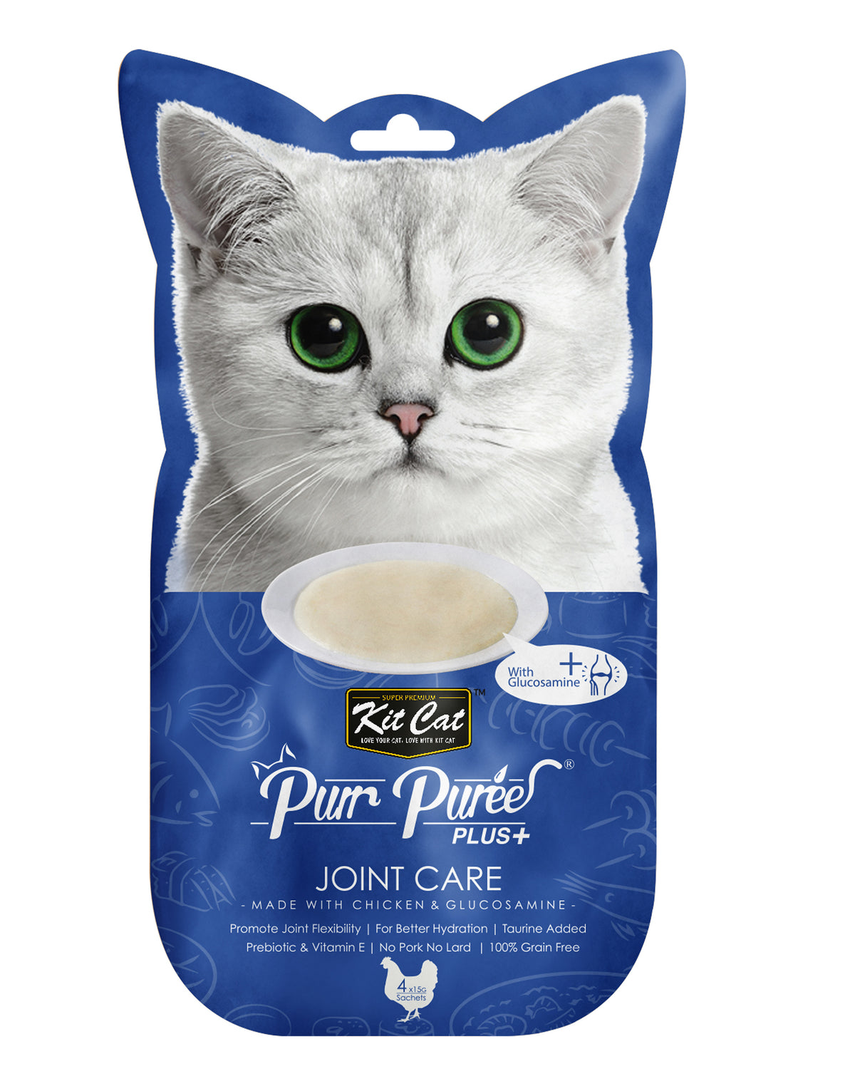 Kit Cat Purr Puree Plus+ Joint Care with chicken and glucosamine, front of the navy 4-tube sleeve
