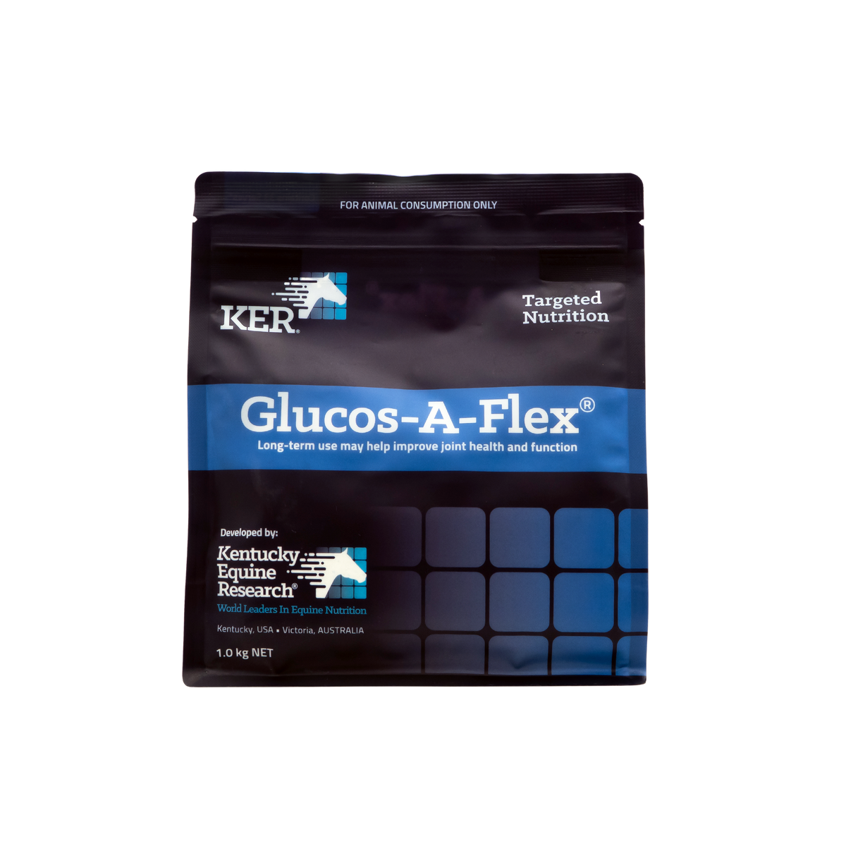 KER Glucos-A-Flex 1kg front label, glucosamine joint supplement for horses