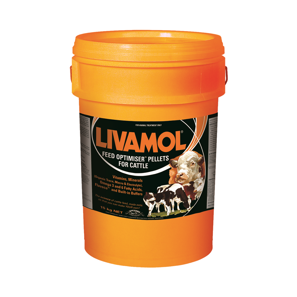 Livamol Feed Optimiser pellets for cattle 15kg orange bucket