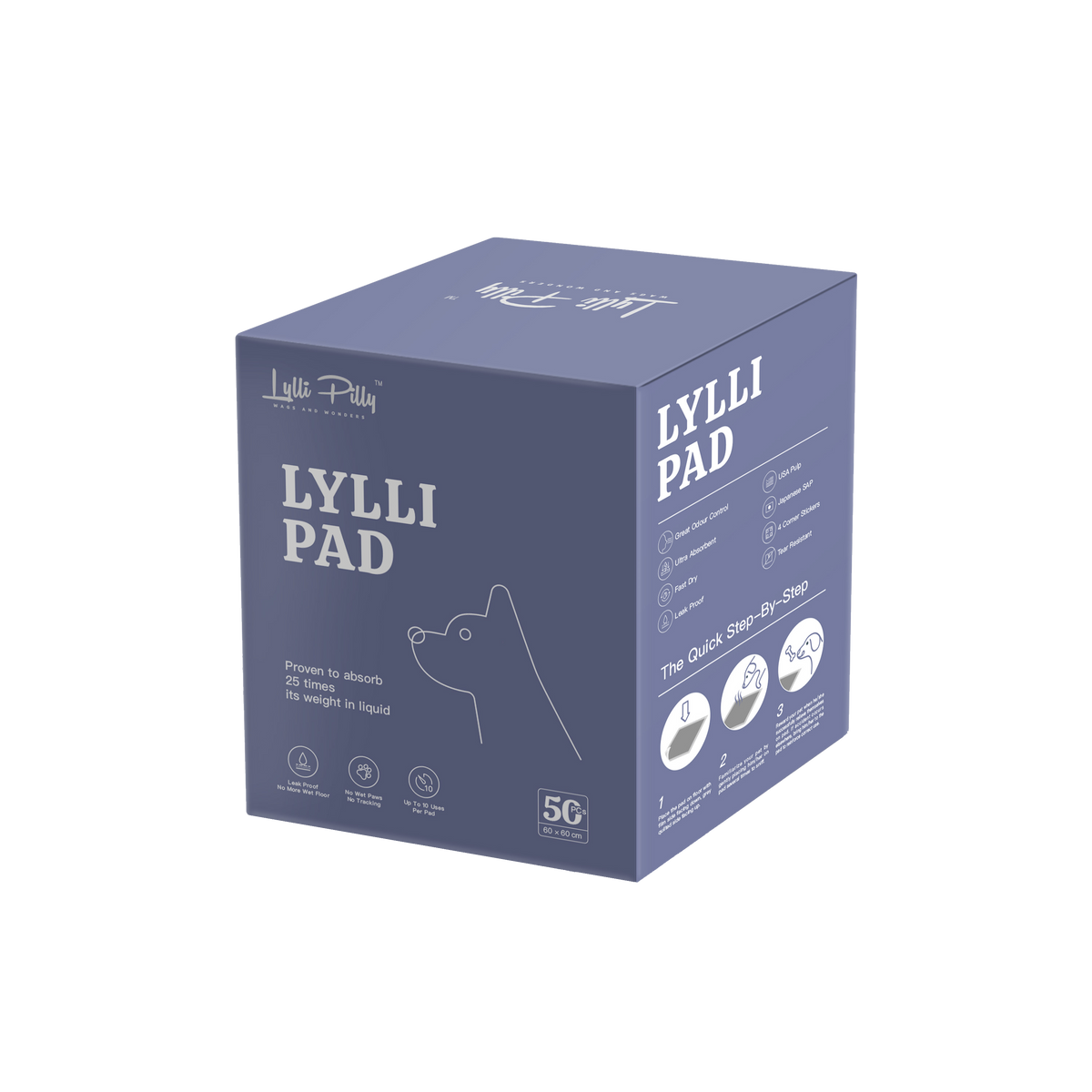 Lylli Pilly Lylli Pad retail box of 50 puppy training pads, navy pack, front and side