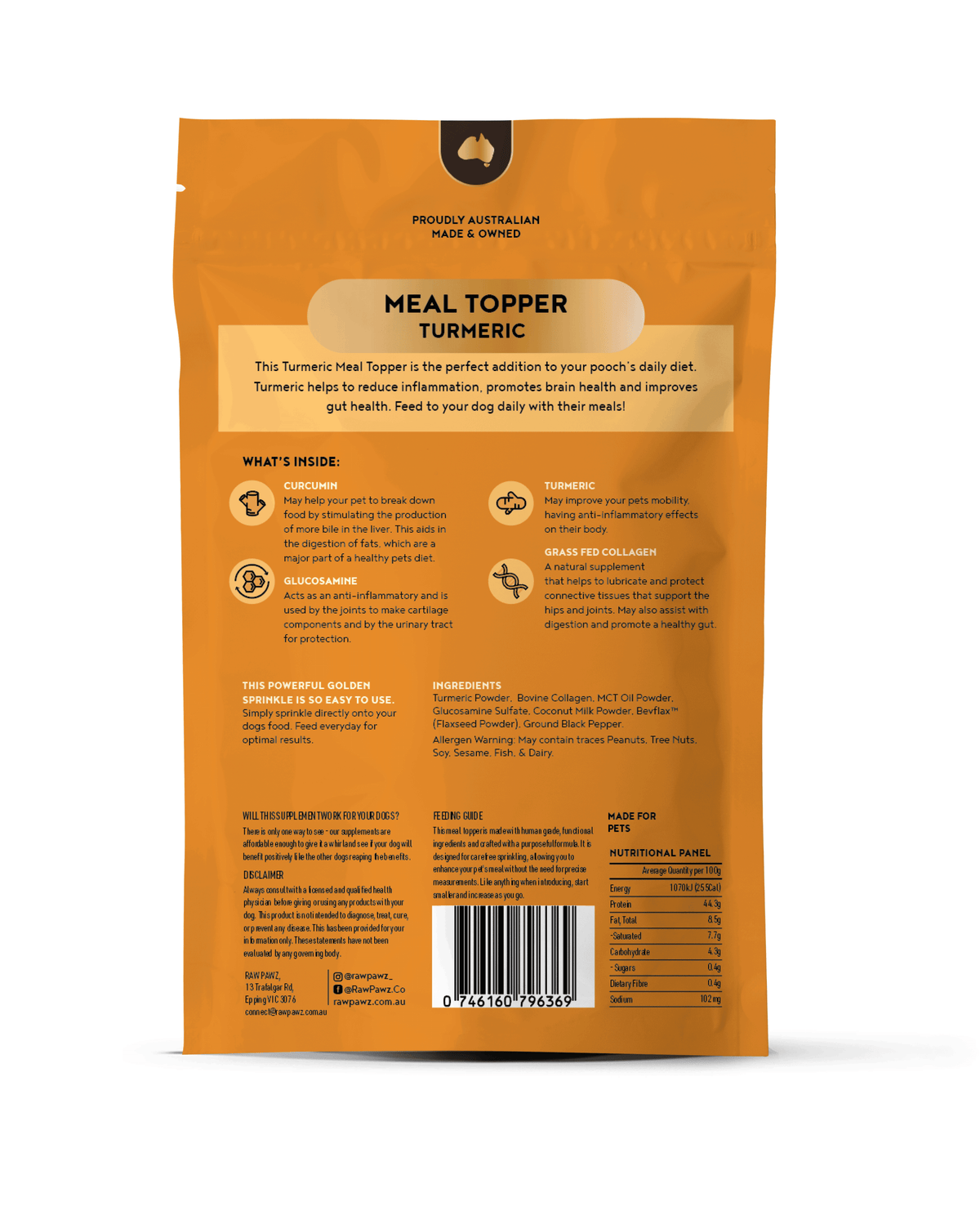 Raw Pawz Turmeric Dog Meal Topper back of pack showing ingredients
