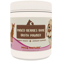 Front of the 120g Mio's Nature Mixed Berries Bone Broth Powder tub, immunity boost and urinary support