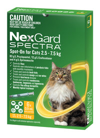 NexGard Spectra Spot-On for Cats carton, yellow 2.5-7.5 kg band, six-pipette pack