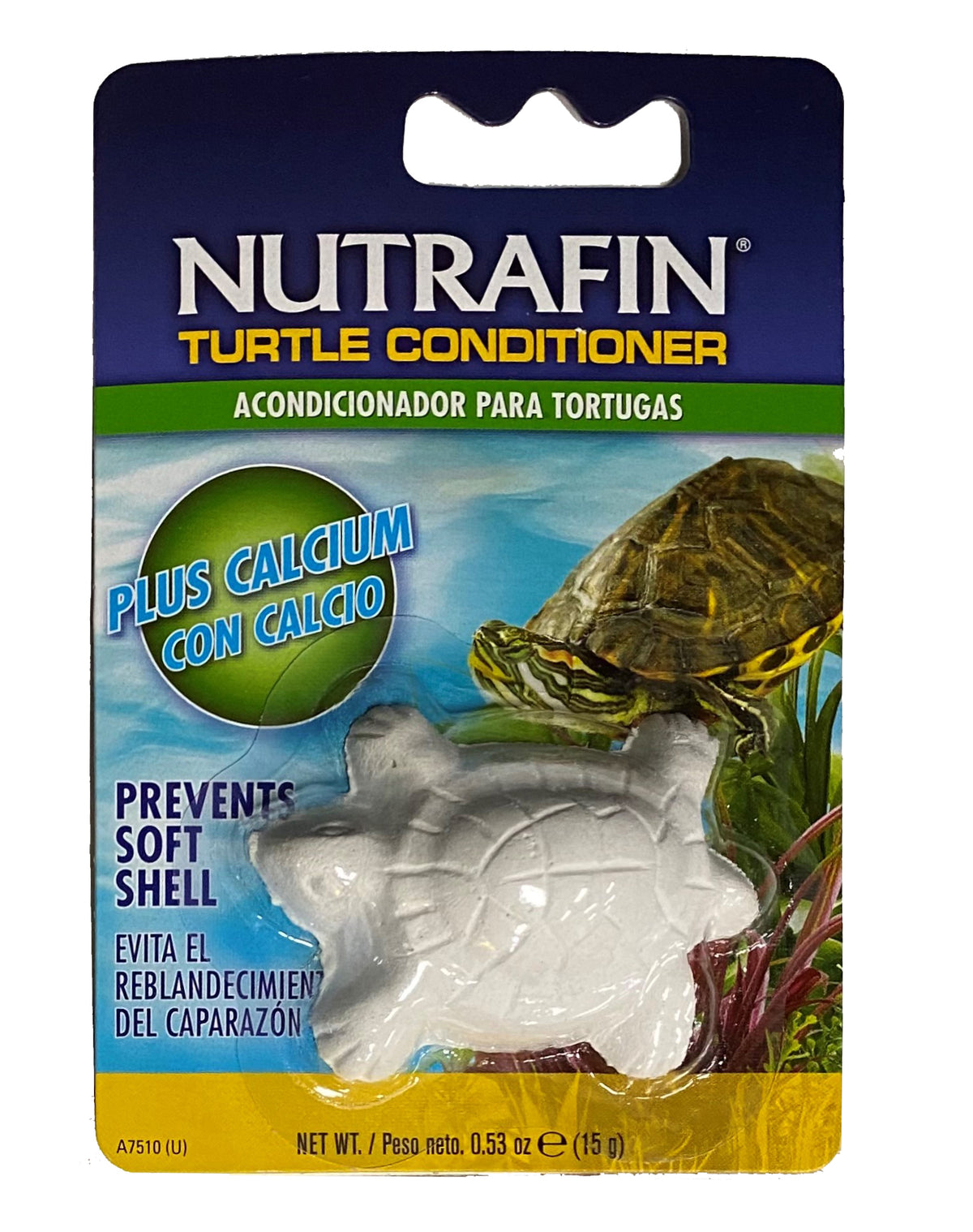 Nutrafin Turtle Conditioner calcium block moulded as a turtle, on its 15g retail card