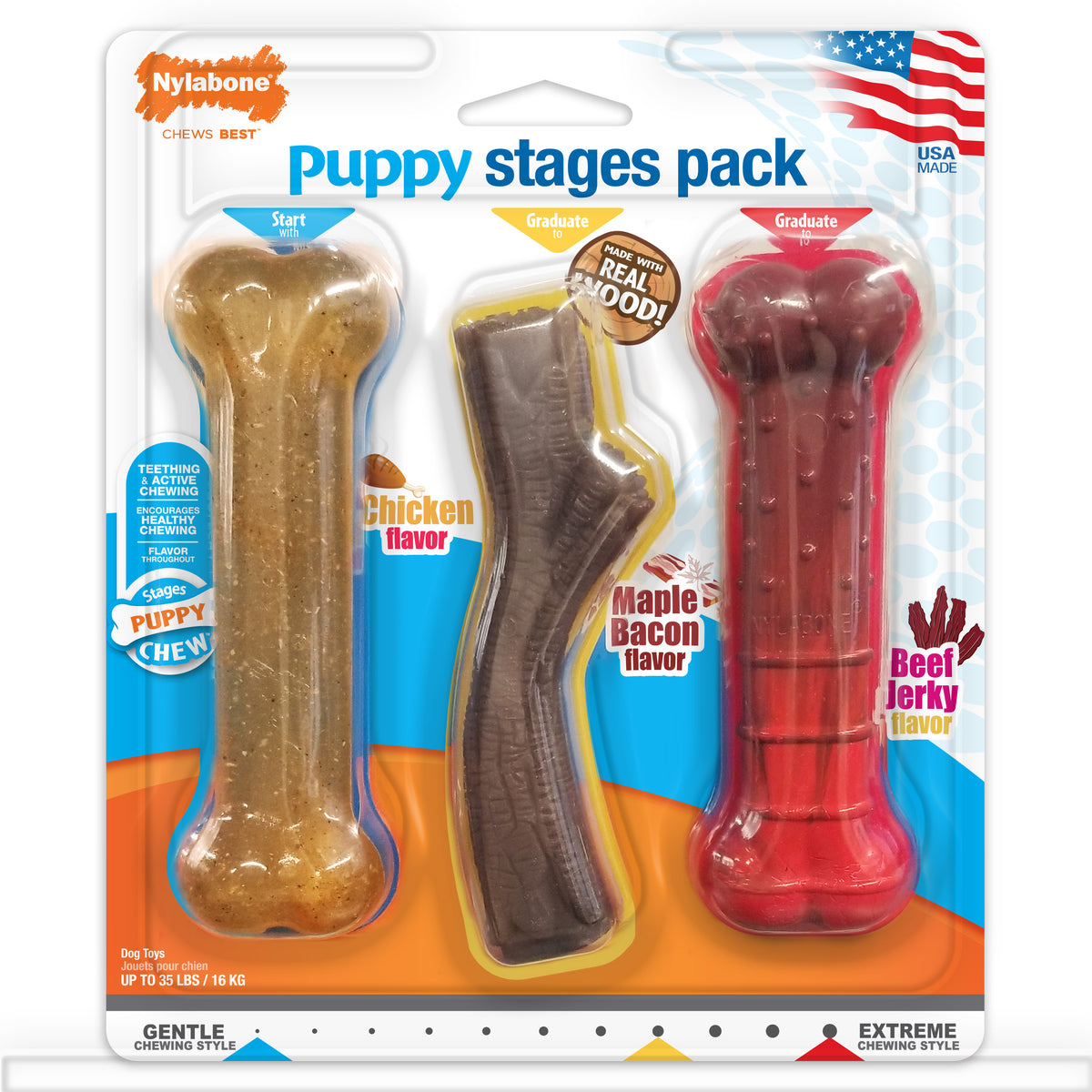 Nylabone Puppy Chew Toy Triple Stages Pack Chicken, Bacon & Beef Flavor - Medium/Wolf