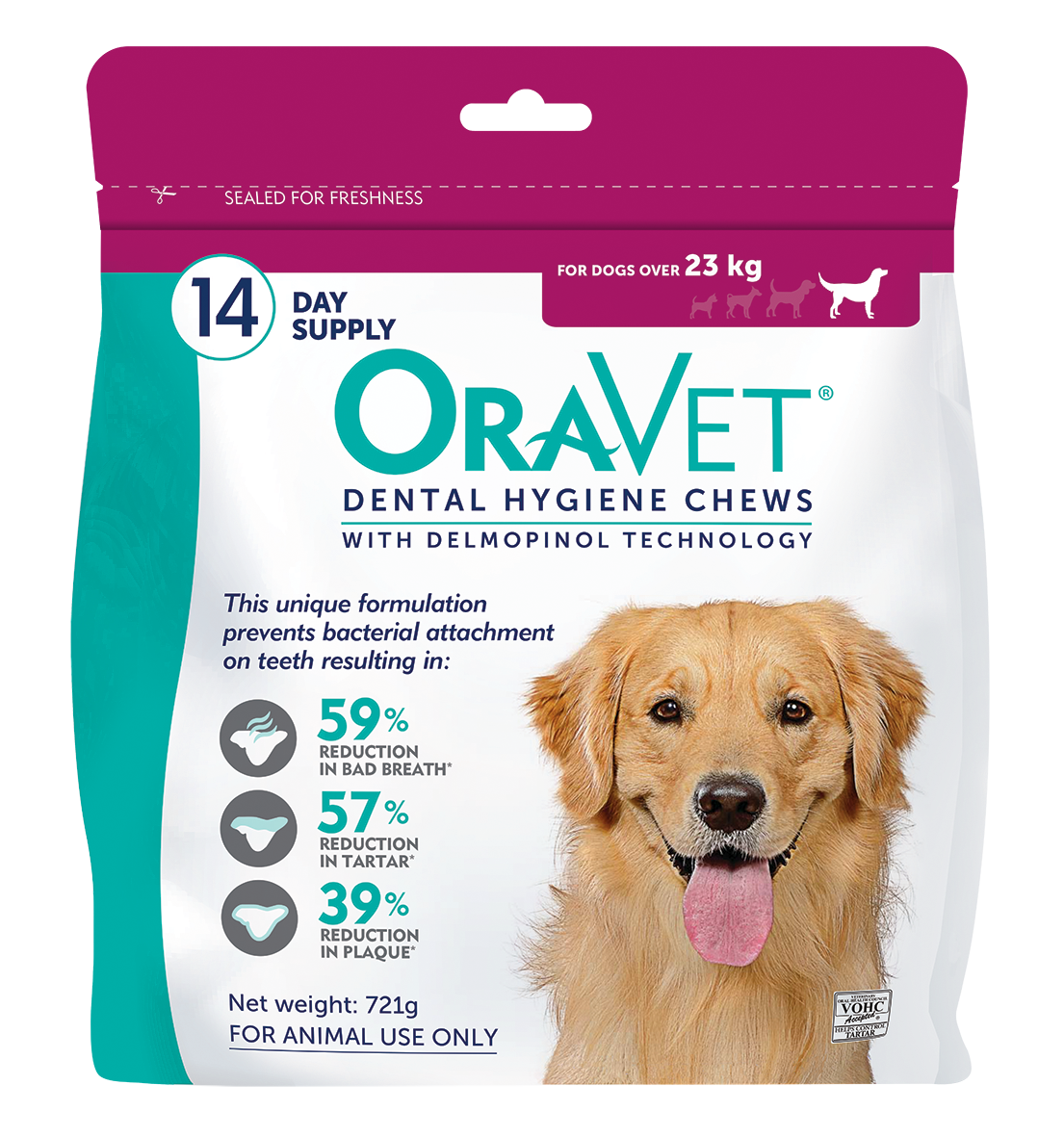 OraVet Dental Hygiene Chews 14 pack for large dogs over 23kg, front of the maroon retail pouch