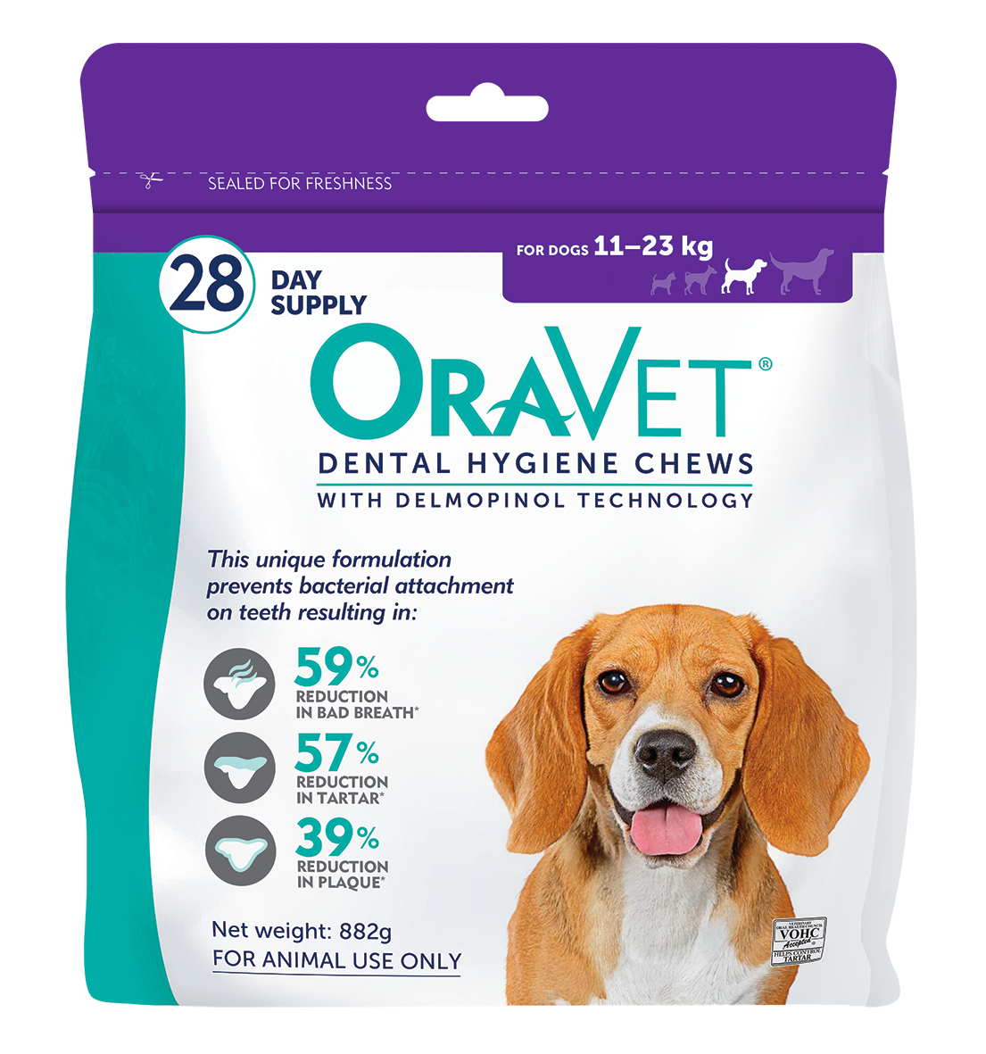 OraVet Dental Hygiene Chews 28 pack for medium dogs 11-23kg, front of the purple retail pouch