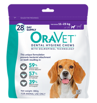 OraVet Dental Hygiene Chews 28 pack for medium dogs 11-23kg, front of the purple retail pouch