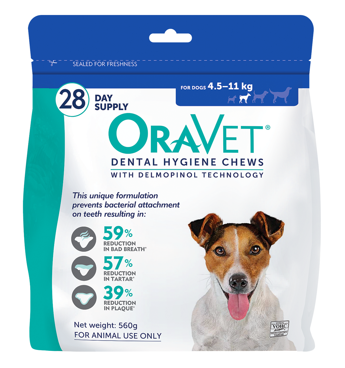 OraVet Dental Hygiene Chews 28 pack for small dogs 4.5-11kg, front of the blue retail pouch