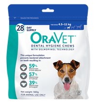 OraVet Dental Hygiene Chews 28 pack for small dogs 4.5-11kg, front of the blue retail pouch