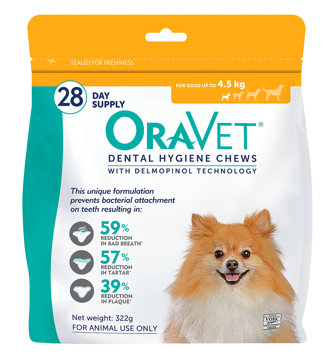 OraVet Dental Hygiene Chews 28 pack for extra small dogs up to 4.5kg, front of the yellow retail pouch