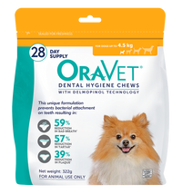 OraVet Dental Hygiene Chews 28 pack for extra small dogs up to 4.5kg, front of the yellow retail pouch