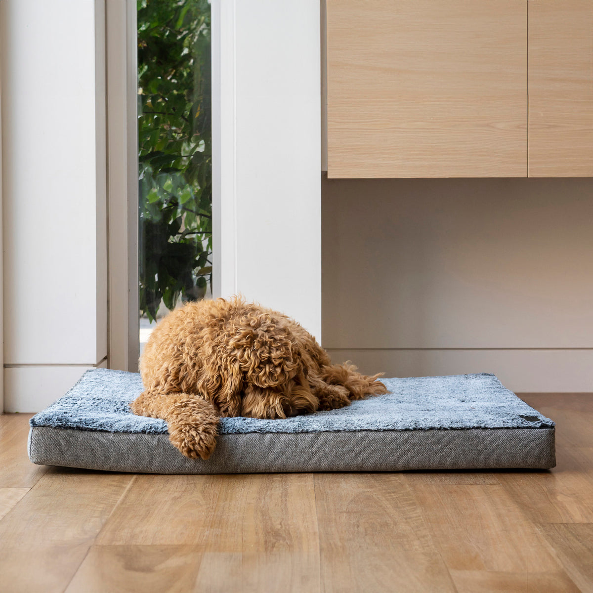 Dog resting on a Superior Pet Goods Ortho Dog Mat in Artic faux fur