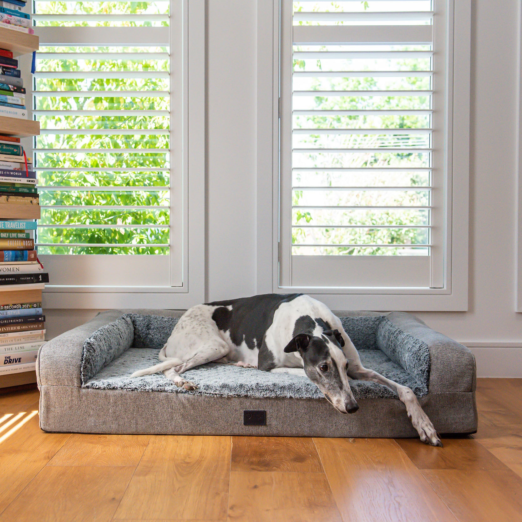 Dog resting on a Superior Pet Goods Orthopaedic Pet Sofa in Artic Faux Fur