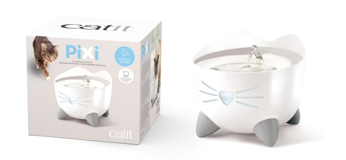 Catit PIXI stainless steel cat drinking fountain, cat-face shape with water flowing