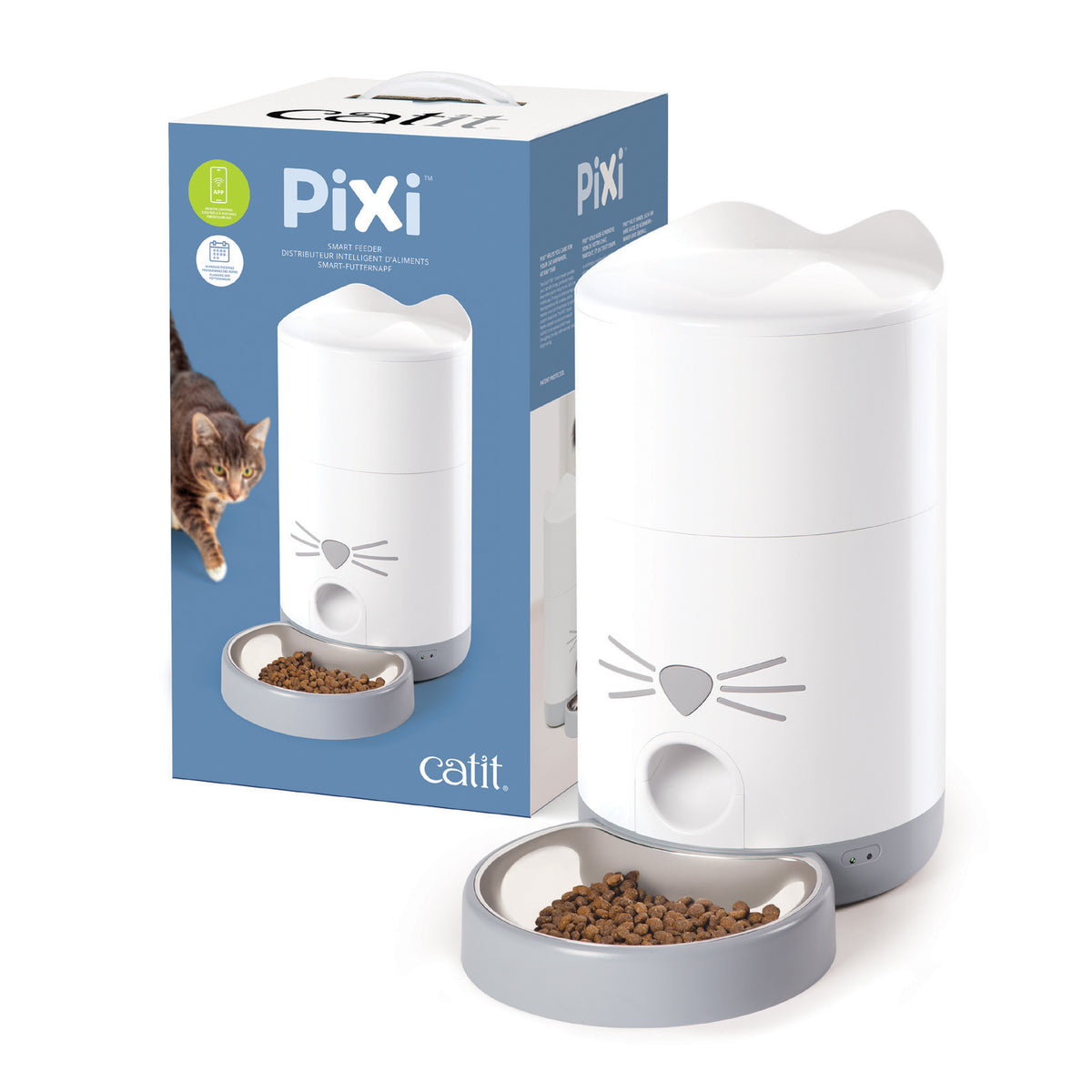 Catit PIXI Smart cat feeder with a bowl of kibble and a phone showing the PIXI app